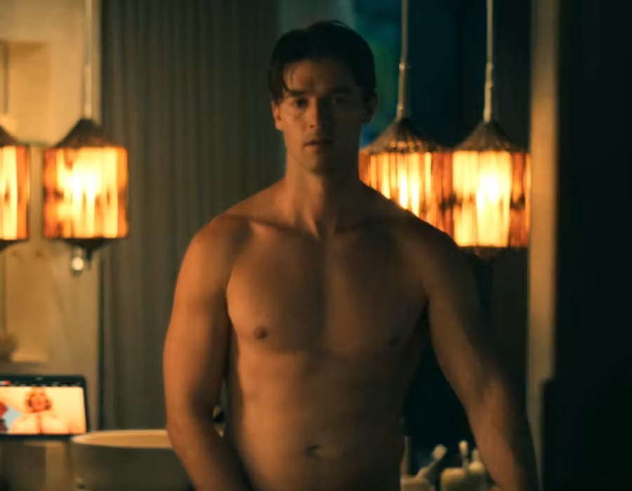 Patrick Schwarzenegger shirtless in his roles as Saxon in the White Lotus